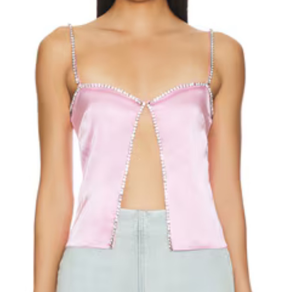 Pink Satin Rhinestone Trim Cami Top